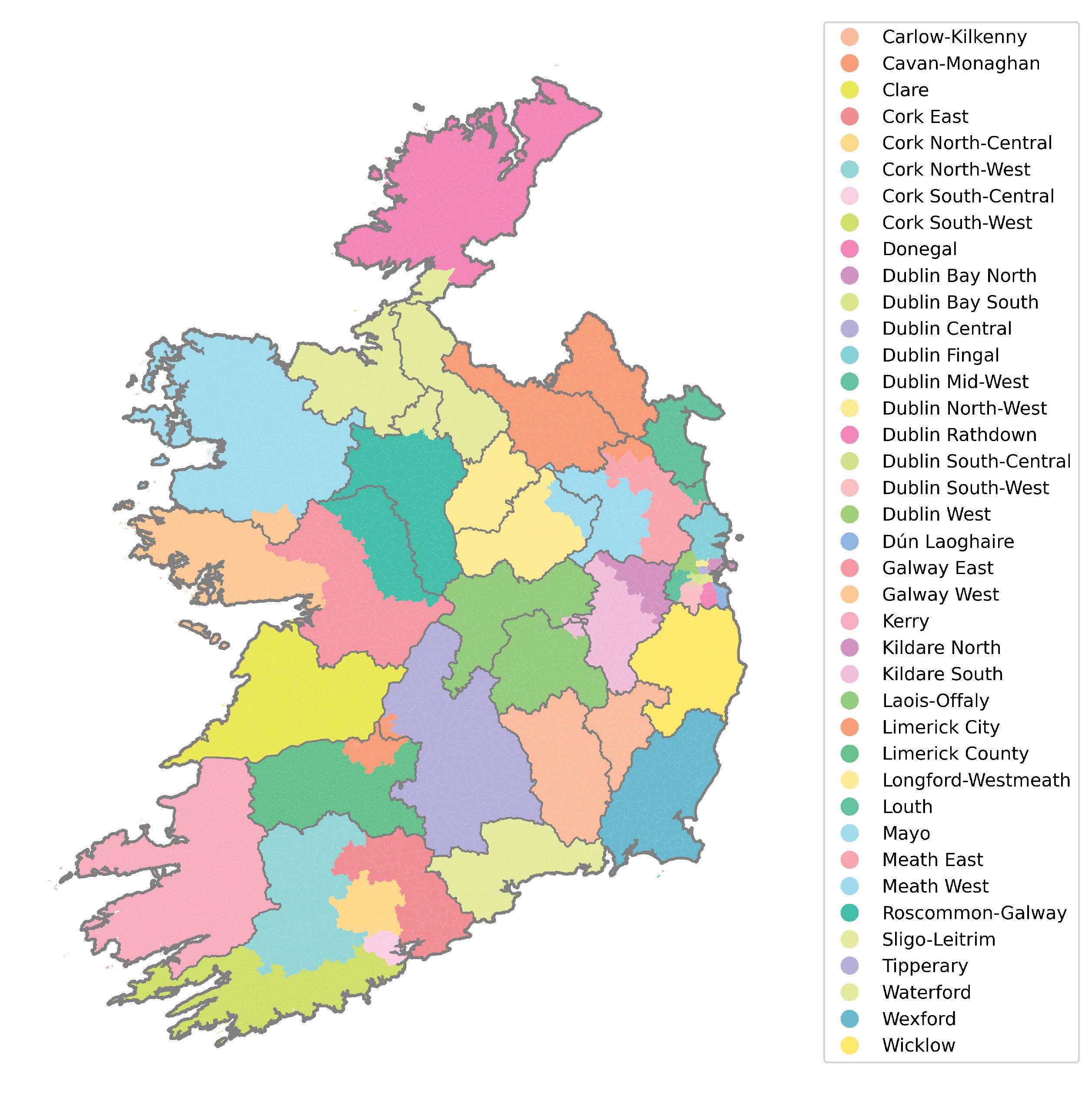 Map of Ireland coloured by constituency, overlaid with county boundaries